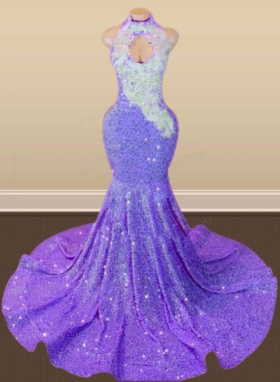 Purple Halter Sequins Long Mermaid Prom Dresses 2024