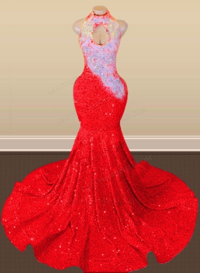 Red Halter Sequins Long Mermaid Prom Dresses 2024