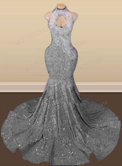 Silver Halter Sequins Long Mermaid Prom Dresses 2024