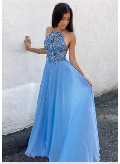 2024 Elegant Princess/A-Line Halter Backless Blue Chiffon Prom Dresses