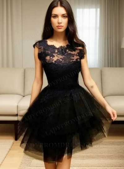 Short Sleeve Jewel A Line Tulle Pleated Lace Appliques Sheer Homecoming Dresses