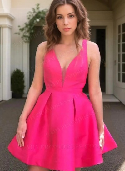 Deep V Neck Sleeveless A Line Satin Pleated Backless Straps Short Homecoming Dresses