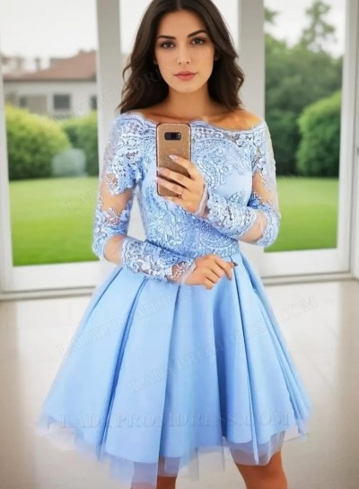 Long Sleeve Off The Shoulder Lace Appliques A Line Pleated Tulle Short Homecoming Dresses