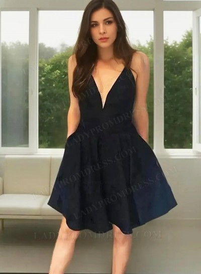 Spaghetti Straps Deep V Neck A Line Pleated Black Short Simple Sexy Homecoming Dresses