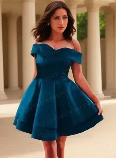 A Line Off The Shoulder Satin Tiered Pleated Short Elegant Tiered Homecoming Dresses