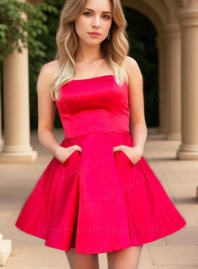 2025 Red A Line Satin Strapless Knee Length Pockets Short Homecoming Dresses