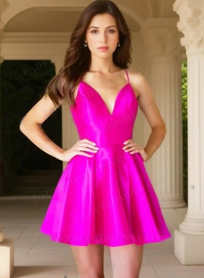 A Line Satin Knee Length Fuchsia Backless Short 2025 Homecoming Dresses
