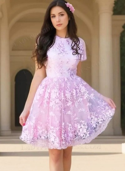 Pink 2025 Knee Length Lace Capped Sleeves Short Homecoming Dresses