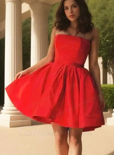 2025 A Line Strapless Satin Red Knee Length Short Homecoming Dresses