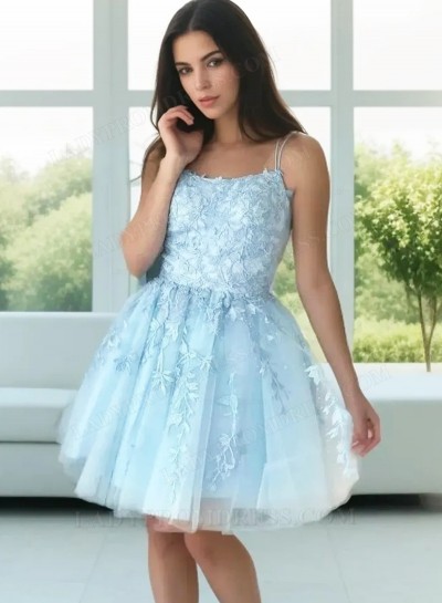 2025 A Line Light Sky Blue Halter Criss Cross Tulle With Appliques Short Homecoming Dresses