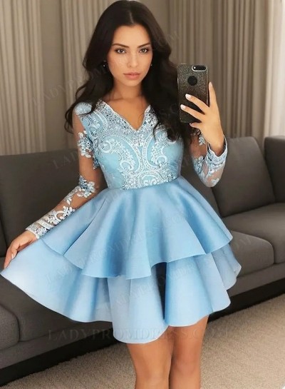 2025 Ball Gown V Neck Long Sleeve Applique Beading Layers Cut Short/Mini Homecoming Dresses