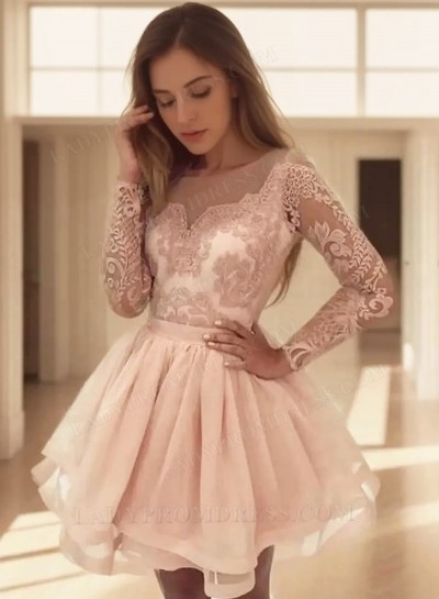 2025 Ball Gown Scoop Neck Long Sleeve Lace Pleated Layers Cut Short/Mini Homecoming Dresses