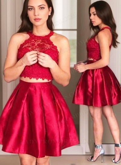 2025 A-Line/Princess Halter Sleeveless Lace Pleated Satin Cut Short/Mini Homecoming Dresses