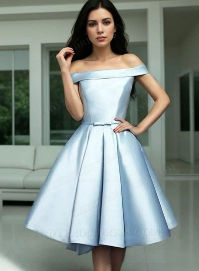 2025 A-Line/Princess Off-The-Shoulder Bowknot Knee-Length Satin Lace Up Homecoming Dresses