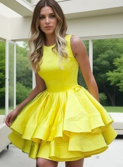 Satin Ball Gown Layers Scoop Neck Sleeveless Cut Short Mini Homecoming Dresses