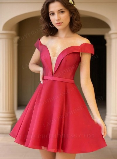 2025 A Line Chiffon Red Knee Length Off Shoulder Short Homecoming Dresses