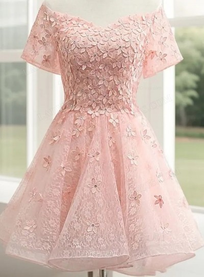 A-Line Off-the-Shoulder Appliques Short Pink Lace Homecoming Dress 2025