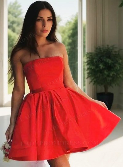 2025 Red Ball Gown Strapless Short Satin Homecoming Dresses