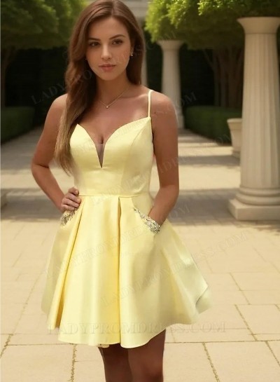 2025 Light Yellow Ball Gown V-neck Sleeveless Zipper Short Satin Beading Homecoming Dresses