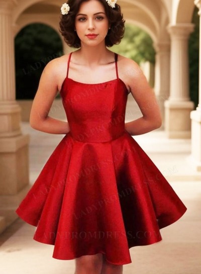 2025 Red A-line Spaghetti Straps Mini Satin Homecoming Dresses