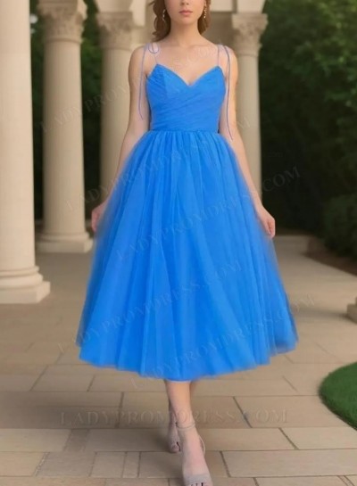 2025 Royal Blue A-line Spaghetti Straps Tea Length Tulle Homecoming Dresses