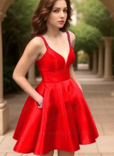 2025 Red A-line V-neck Sleeveless Short Satin Beaded Homecoming Dresses