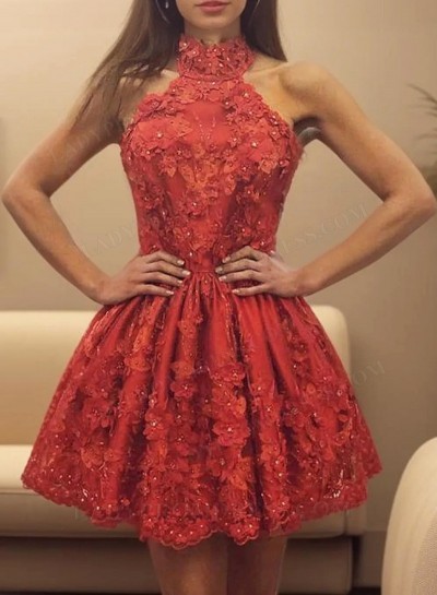 2025 Ball Gown Satin Halter Backless Short/Mini Homecoming Dresses with Applique and beadings