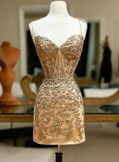 2025 Sheath/Column Spaghetti Straps Gold Applique Short/Mini Homecoming Dresses