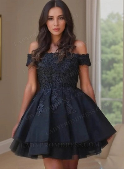 2025 A-line Princess Satin Tulle Off the Shoulder Black Short/Mini Homecoming Dresses 