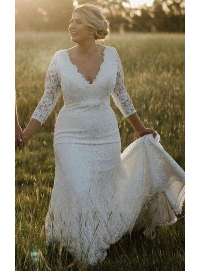 2024 Mermaid Lace V-neck 3/4 Sleeves Sweep Train Wedding Dresses