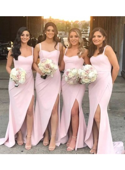 2024 Blushing Pink Sweep Train Side Split Sweetheart Regular Straps Satin Bridesmaid Dresses
