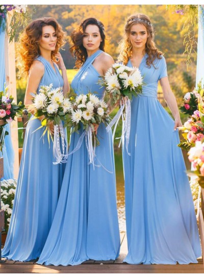 2024 Blue A-line Sleeveless Criss Cross Floor-Length Chiffon Bandage Bridesmaid Dresses