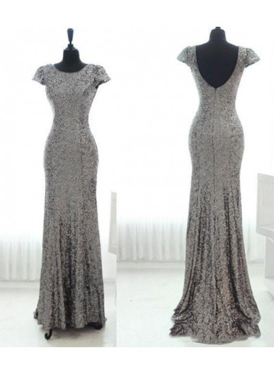 2024 Silver Mermaid Capped Sleeves Sweep Train Zipper Sequins Lace Bridesmaid Dresses