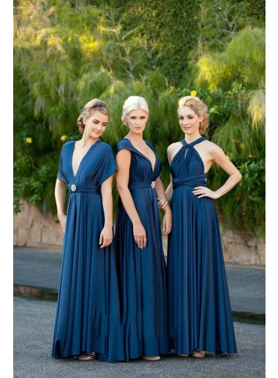 2024 Navy Blue V-neck Short Sleeves Criss Cross Floor Length Silk Like Satin Bridesmaid Dresses