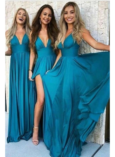 2024 Blue V-neck Sleeveless Zipper Side Split Sweep Train Silk Like Satin Bridesmaid Dresses