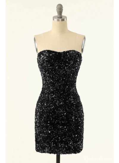 2024 Black Sheath Sweetheart Strapless Mini Sequins Homecoming / Graduation Party Dresses