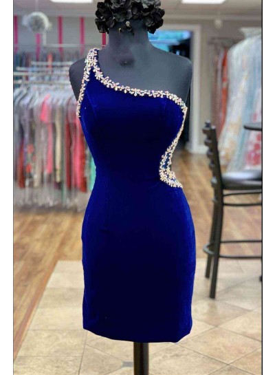 2024 Royal Blue Sheath One Shoulder Short Velvet Bending Homecoming / Graduation Party Dresses