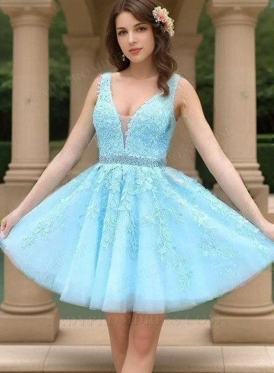 2025 Blue Ball Gown V-neck Sleeveless Short Tulle Belt Appliques Beaded Homecoming Dresses