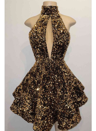 2024 Brown Ball Gown V-neck Halter Sleeveless Short Sequins Homecoming Dresses