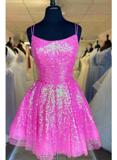 2024 Fuchsia A-line Spaghetti Straps Criss Cross Lace Up Short Sequins Homecoming Dresses