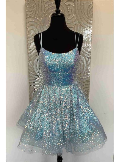 2024 Blue A-line Spaghetti Straps Lace Up Short Sequins Homecoming Dresses