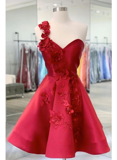 2024 Red A-line One Shoulder Short Satin Hand Made Flower Beading Homecoming Dresses