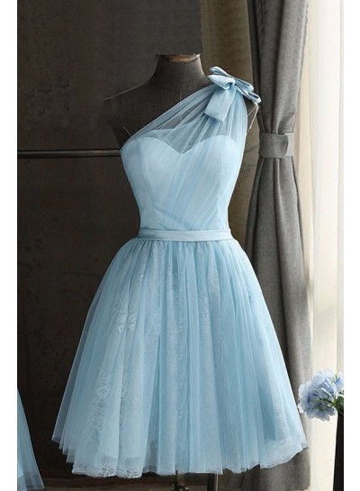 2024 Blue Ball Gown Cowl Neck One Shoulder Bowknot Short Tulle Homecoming Dresses