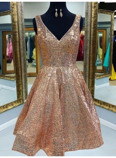 2024 Pearl Pink A-line V-neck Sleeveless Short Sequins Homecoming Dresses
