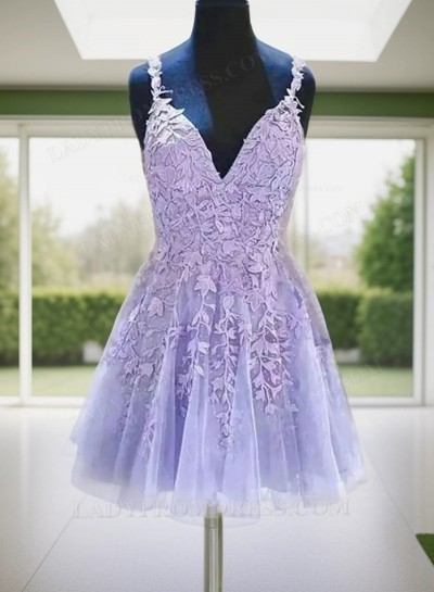 2025 A-line Princess Applique V-neck Sleeveless Lavender Short/Mini Homecoming Dresses