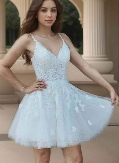 2025 White Ball Gown V-neck Short Tulle Lace Up Appliques Homecoming Dresses