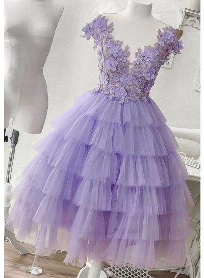 2024 A-line Princess Tulle Layers V-neck Sleeveless Knee-Length Homecoming Dresses with Appliques
