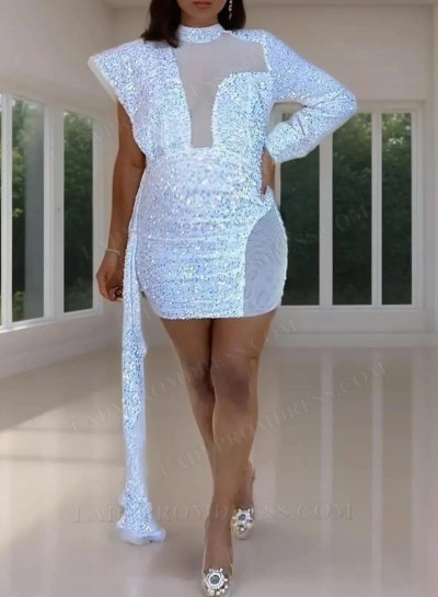 2025 Sheath/Column High Neck One Sleeve Sequin Tulle Short/Mini Homecoming with Ribbon