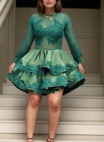 2025 A-line Princess Tulle Satin Long Sleeves Appliques High Neck Short/Mini Homecoming Dresses 