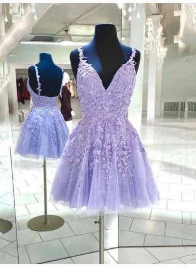 2024 A-line Princess Applique V-neck Sleeveless Lavender Short/Mini Homecoming Dresses